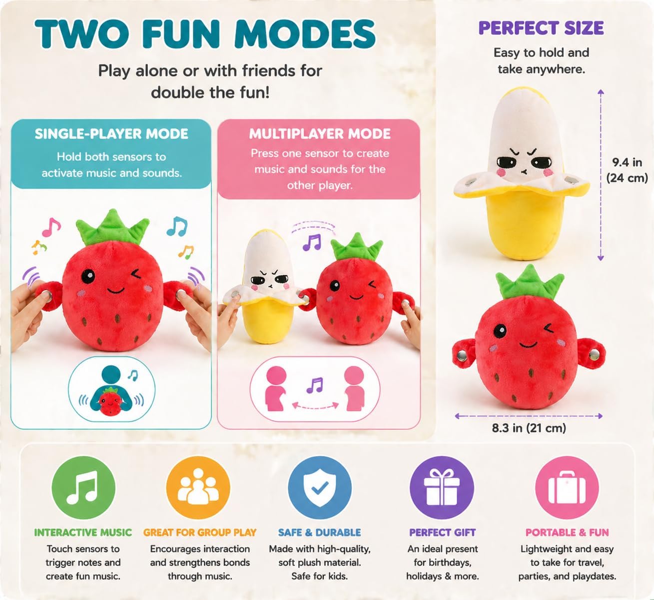 Interactive Fruit sensing Rhythm toy, with Piano and Fruit Metronome Sounds.