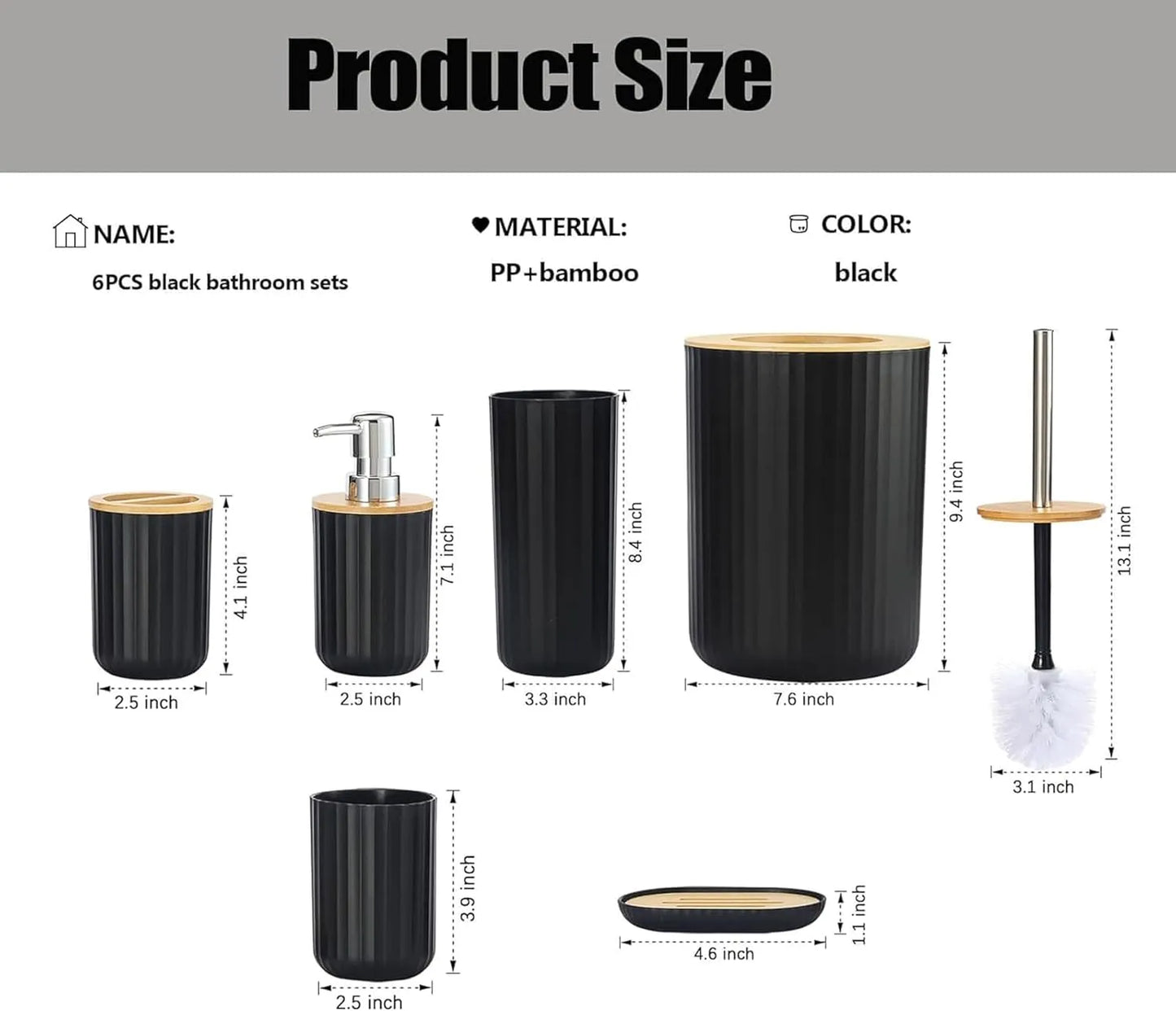 Vantoria 6-Piece Black Bathroom Accessories Set – Modern Organizer with Bamboo Accents