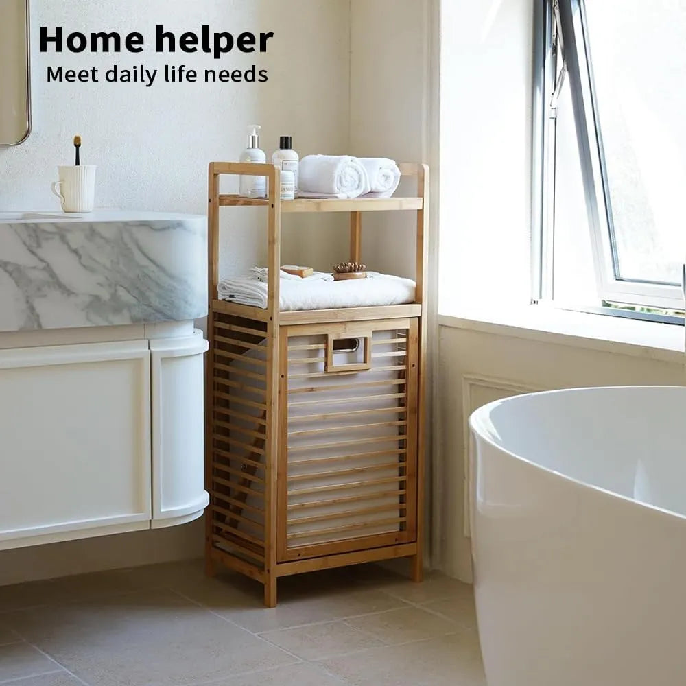 Bamboo laundry hamper with 2-tier storage featuring a removable laundry bag for easy clothes collection and transport