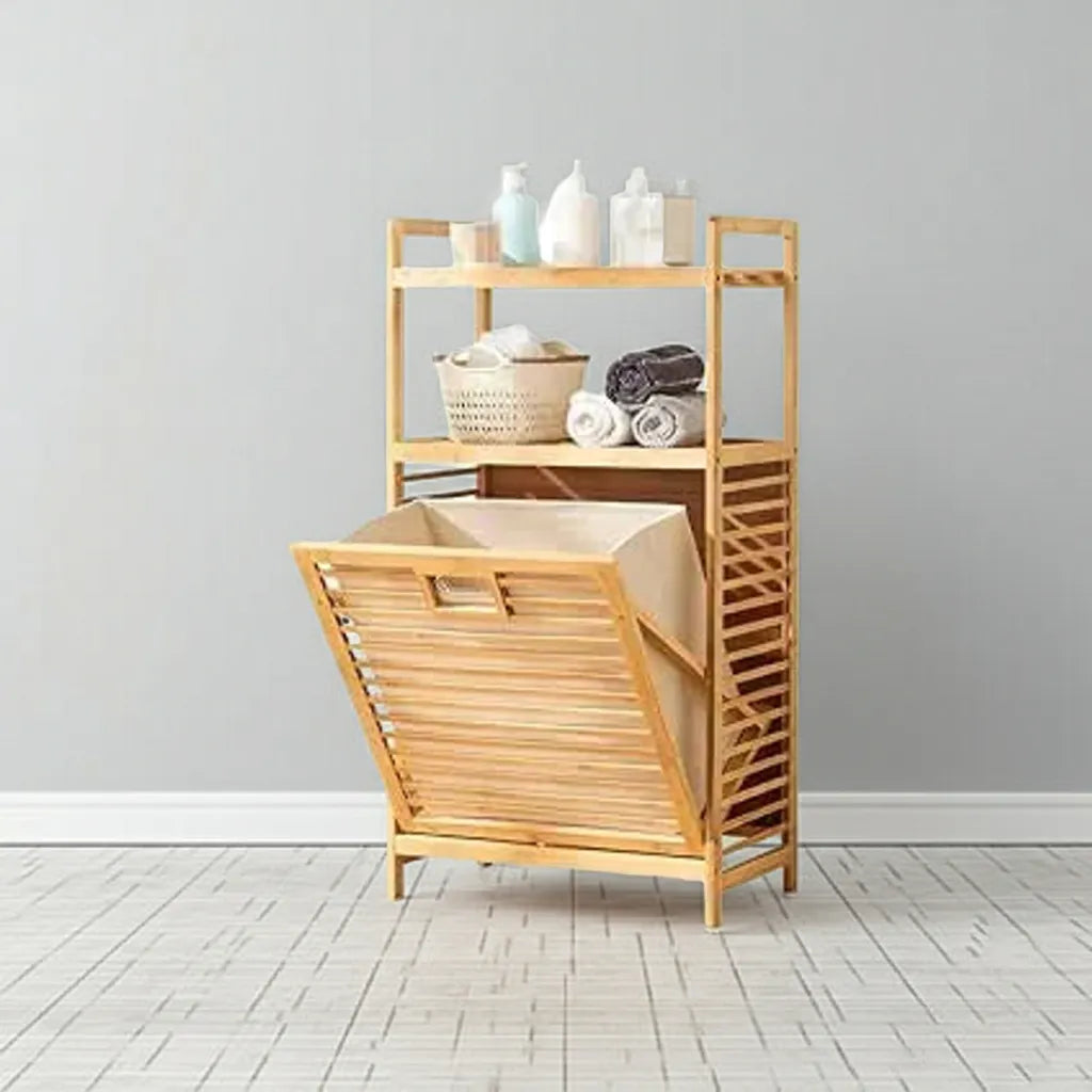 Bamboo laundry hamper with 2-tier storage offering a stylish and space-saving solution for bathrooms, bedrooms, and laundry rooms
