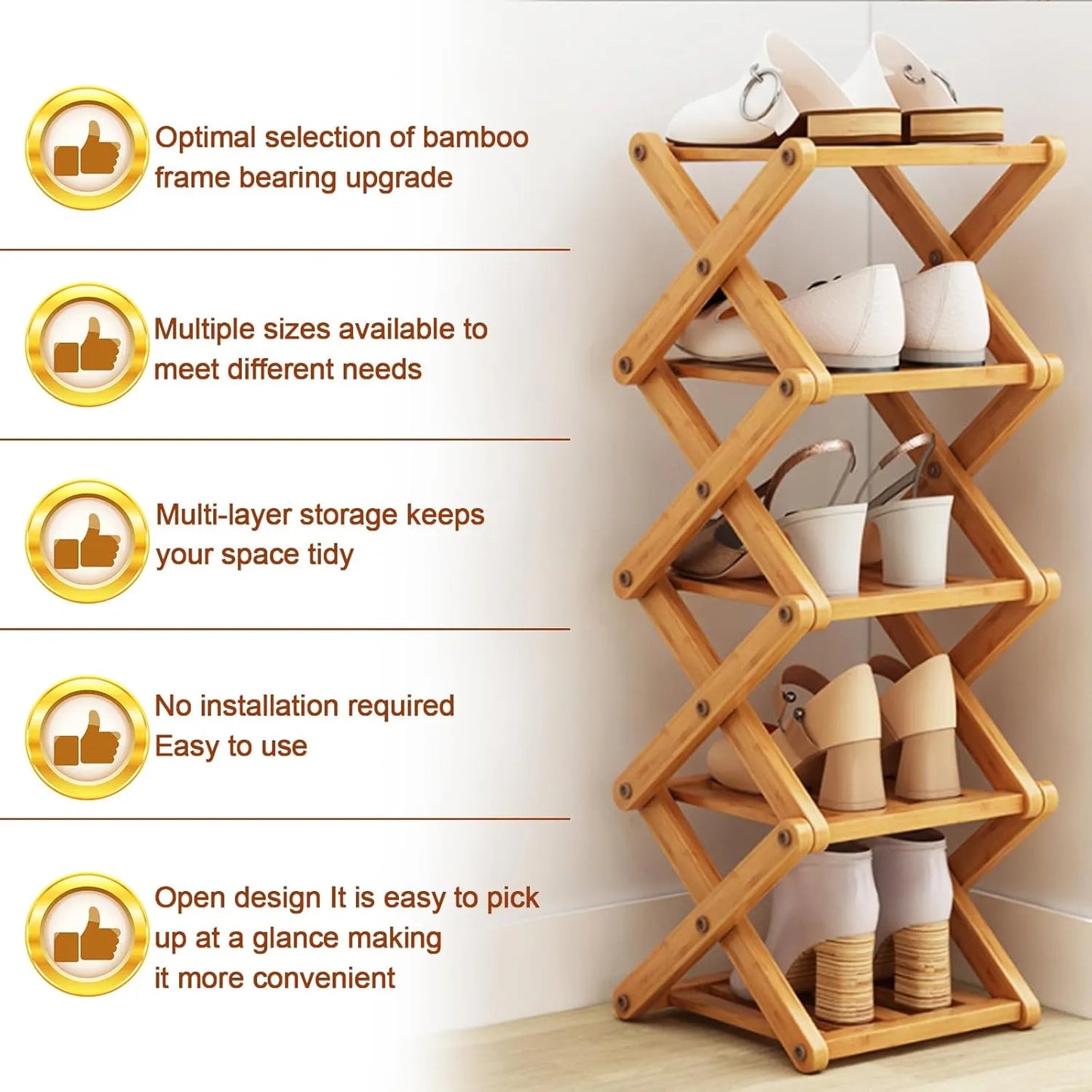 DaJave 5-tier foldable bamboo shoe rack offering sturdy multi-tier storage for shoes, slippers, and everyday footwear