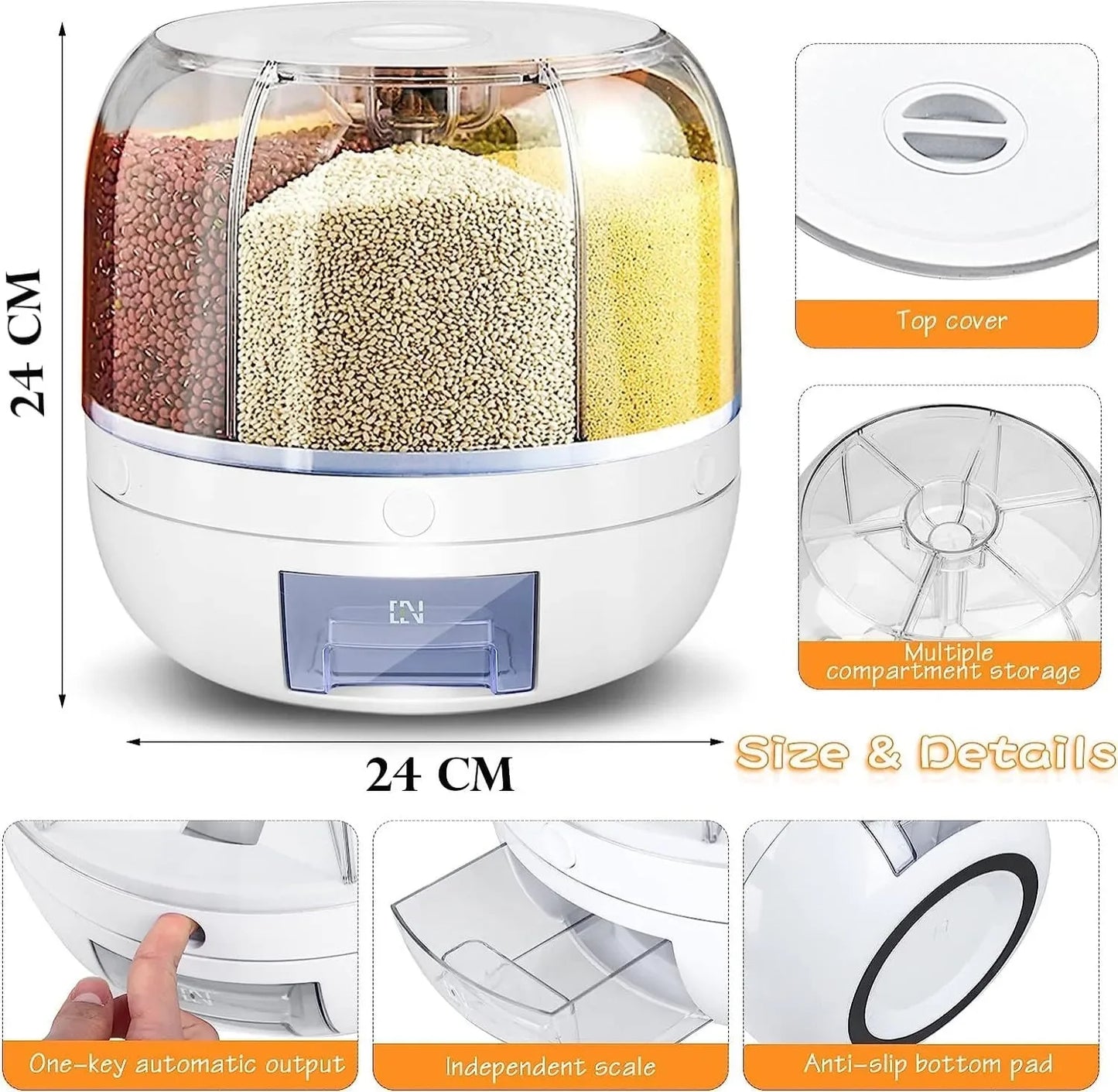Dravizon 6-grid rotating cereal and grain dispenser providing neat countertop organization and efficient food storage