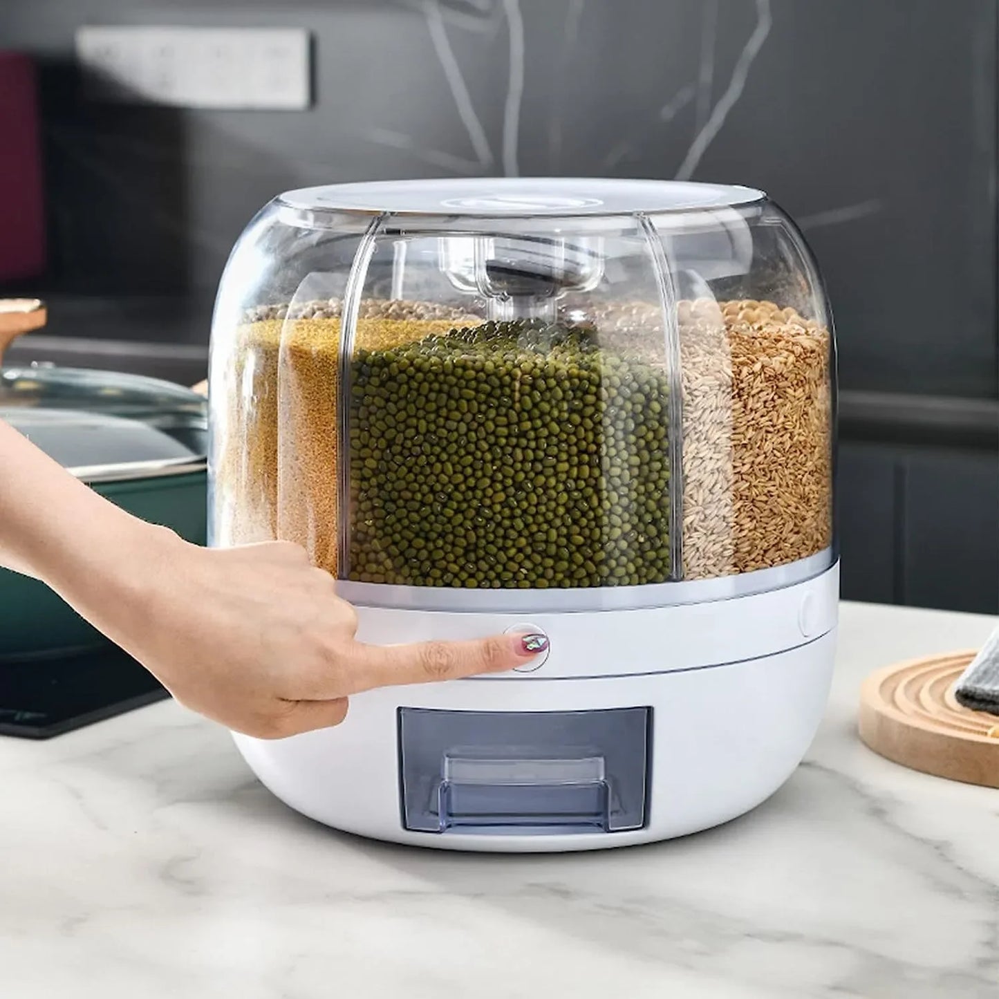 Dravizon 6-grid rotating cereal and grain dispenser featuring a convenient rotating design for easy access to stored ingredients