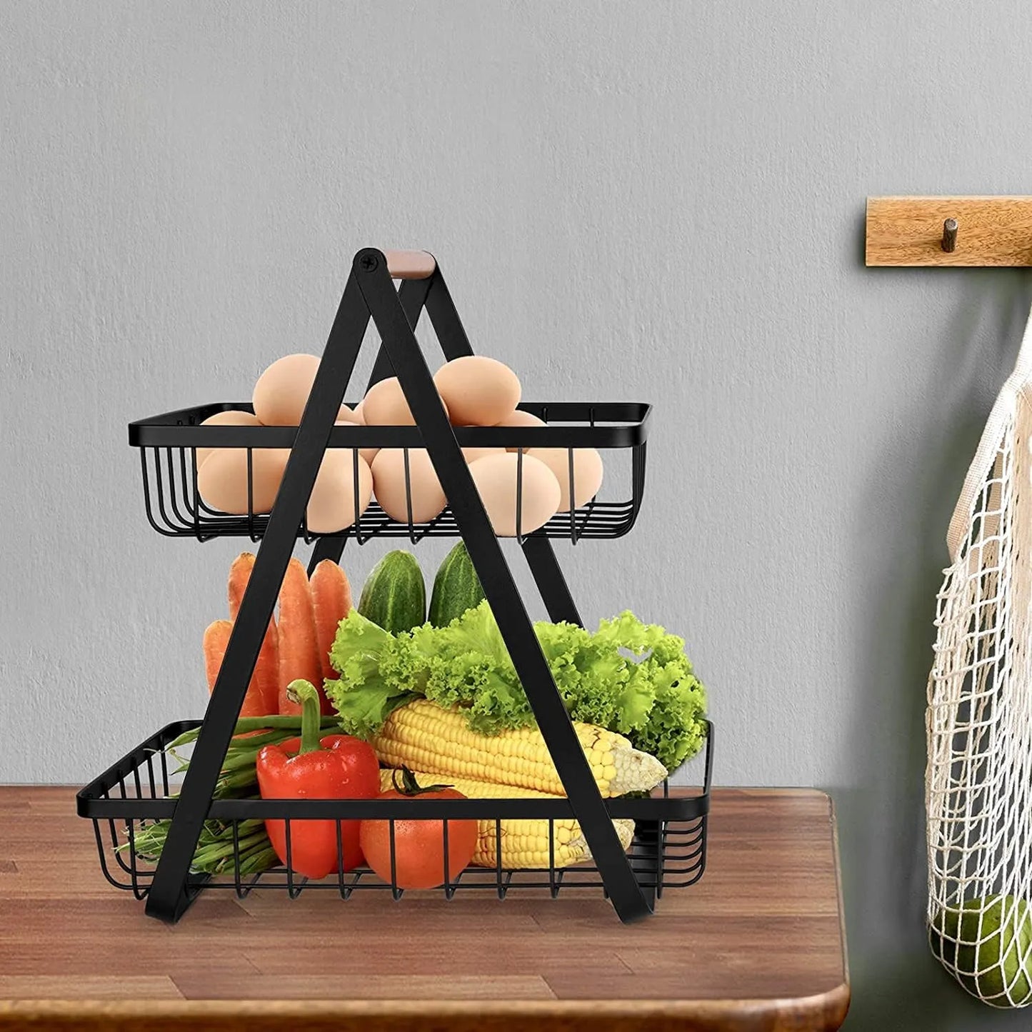 ECVV 2-tier metal fruit basket featuring a space-saving two-tier design for fruits, vegetables, and snacks