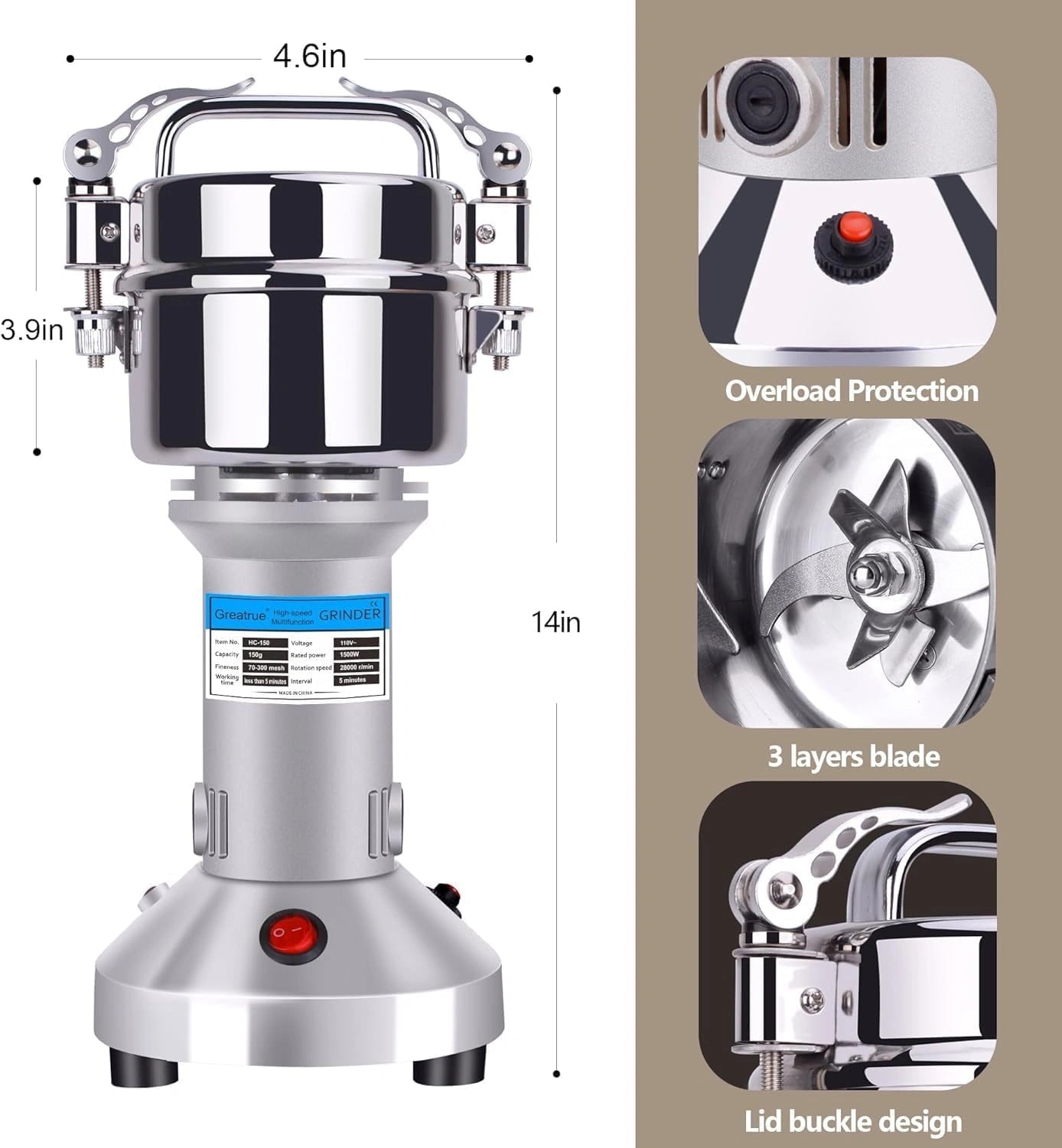 Heavy duty spice grinder machine with a durable stainless steel grinding chamber for long-lasting performance