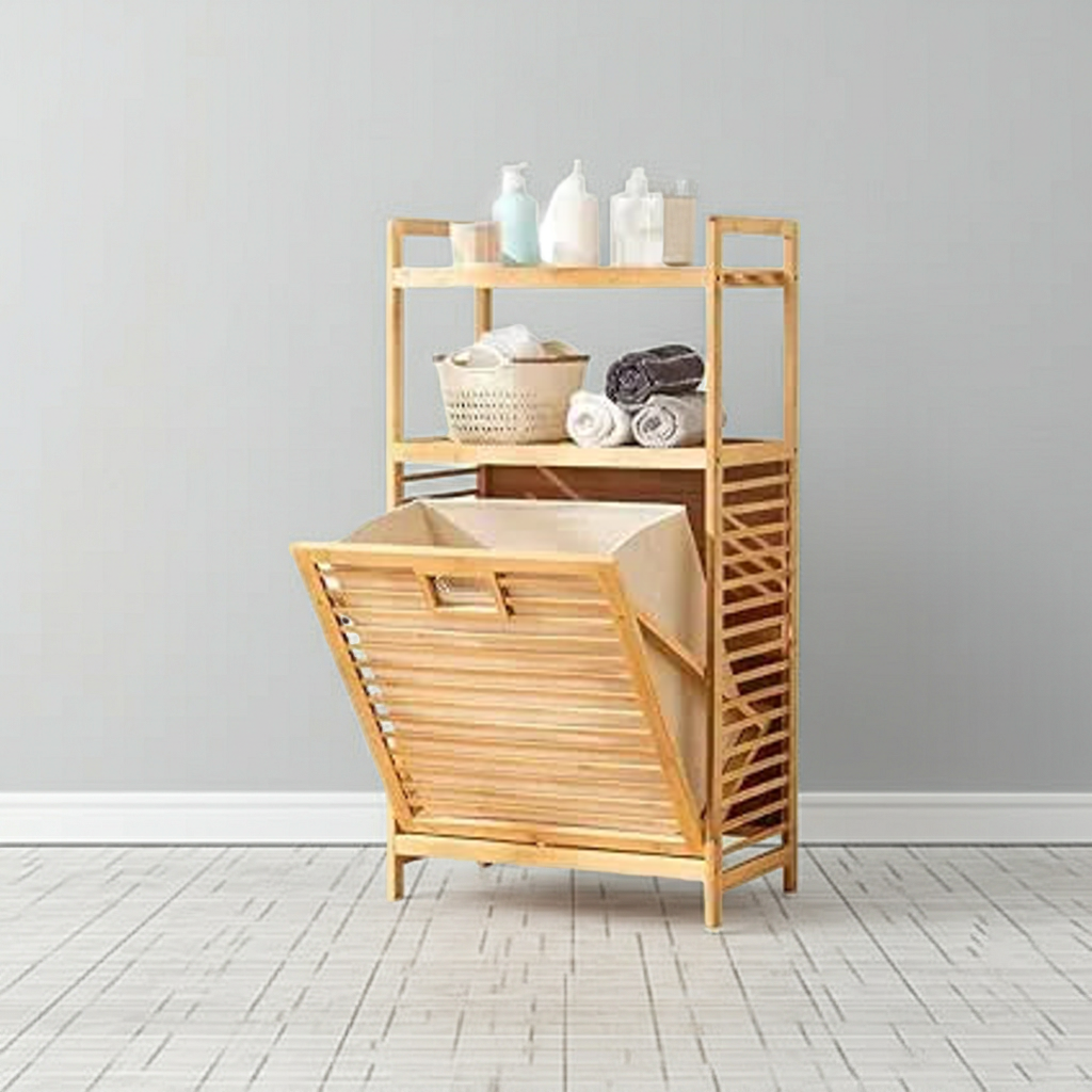 Bamboo Laundry Hamper with 2-Tier Storage – Stylish Clothing Organizer & Utility Stand