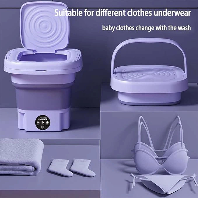 Portable mini washing machine with spin dryer featuring a compact, foldable design for easy storage and travel