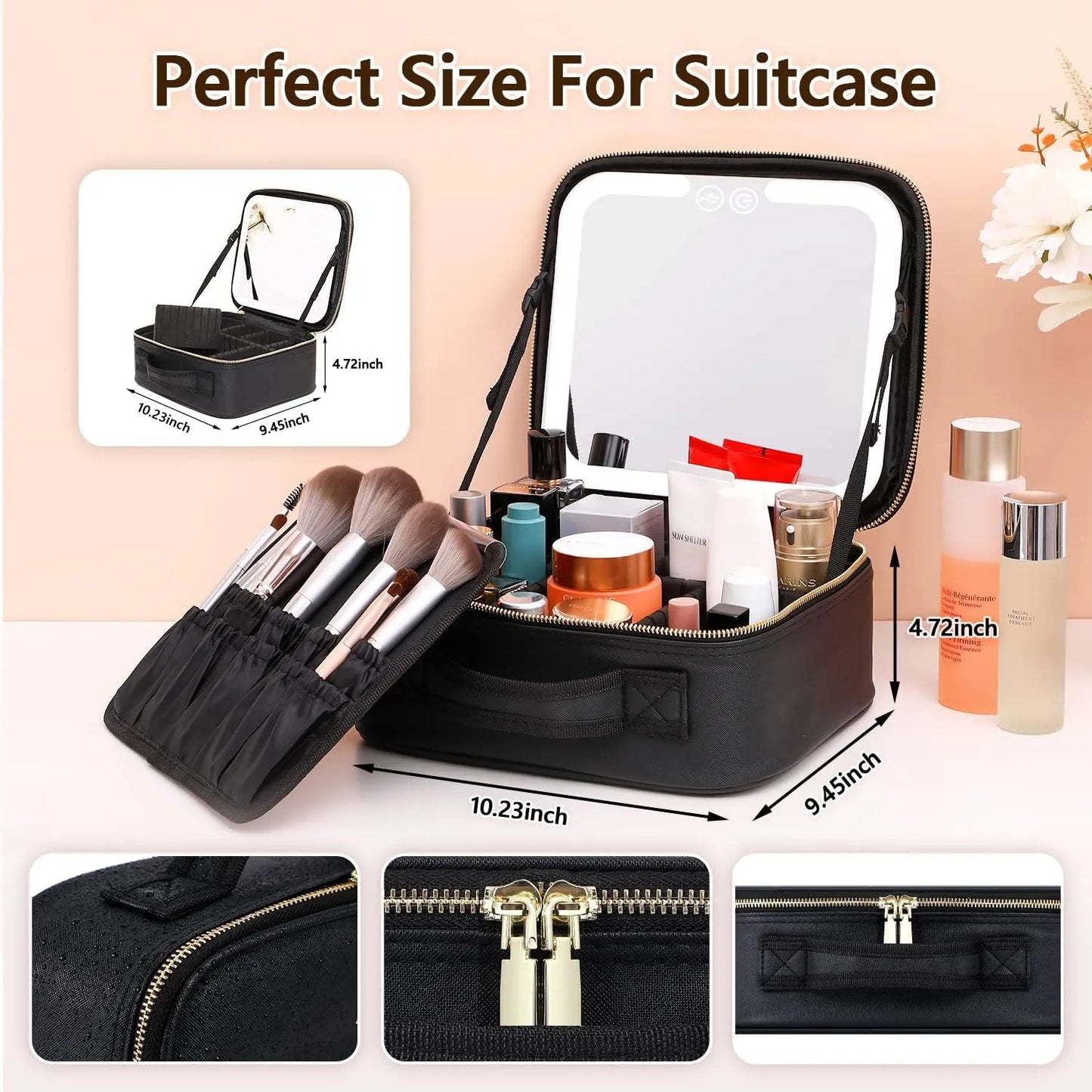 Professional portable leather makeup train case with adjustable dividers for customized cosmetic organization and secure storage