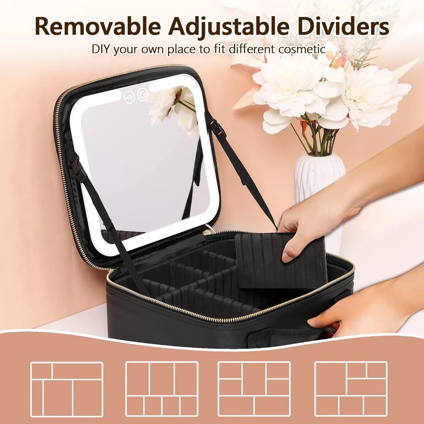 Professional portable leather makeup train case featuring a built-in LED mirror with adjustable lighting for flawless makeup application