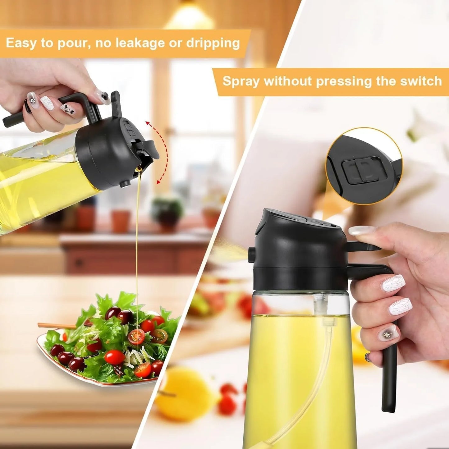 Racklik 2-in-1 glass oil dispenser sprayer with a durable glass bottle and leak-resistant design for mess-free use