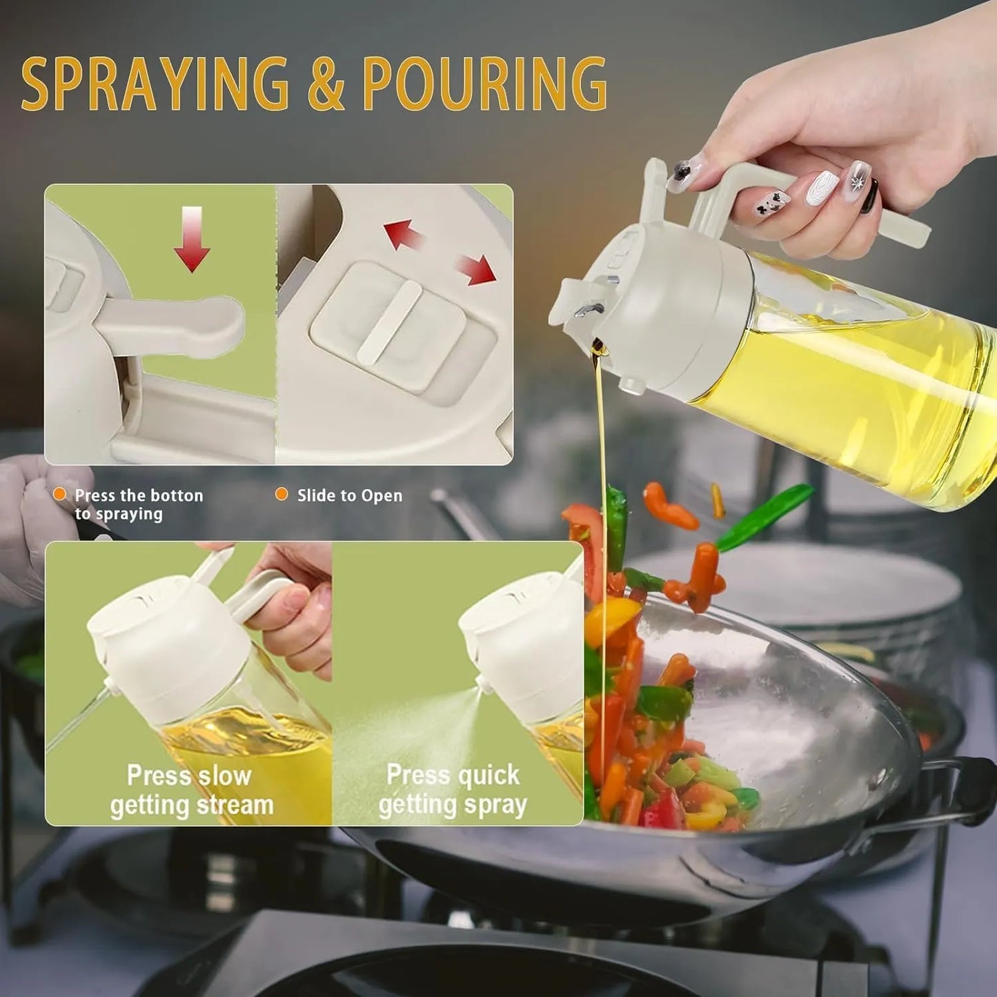 Racklik 2-in-1 glass oil dispenser sprayer ideal for olive oil, vinegar, cooking oil, and salad dressings