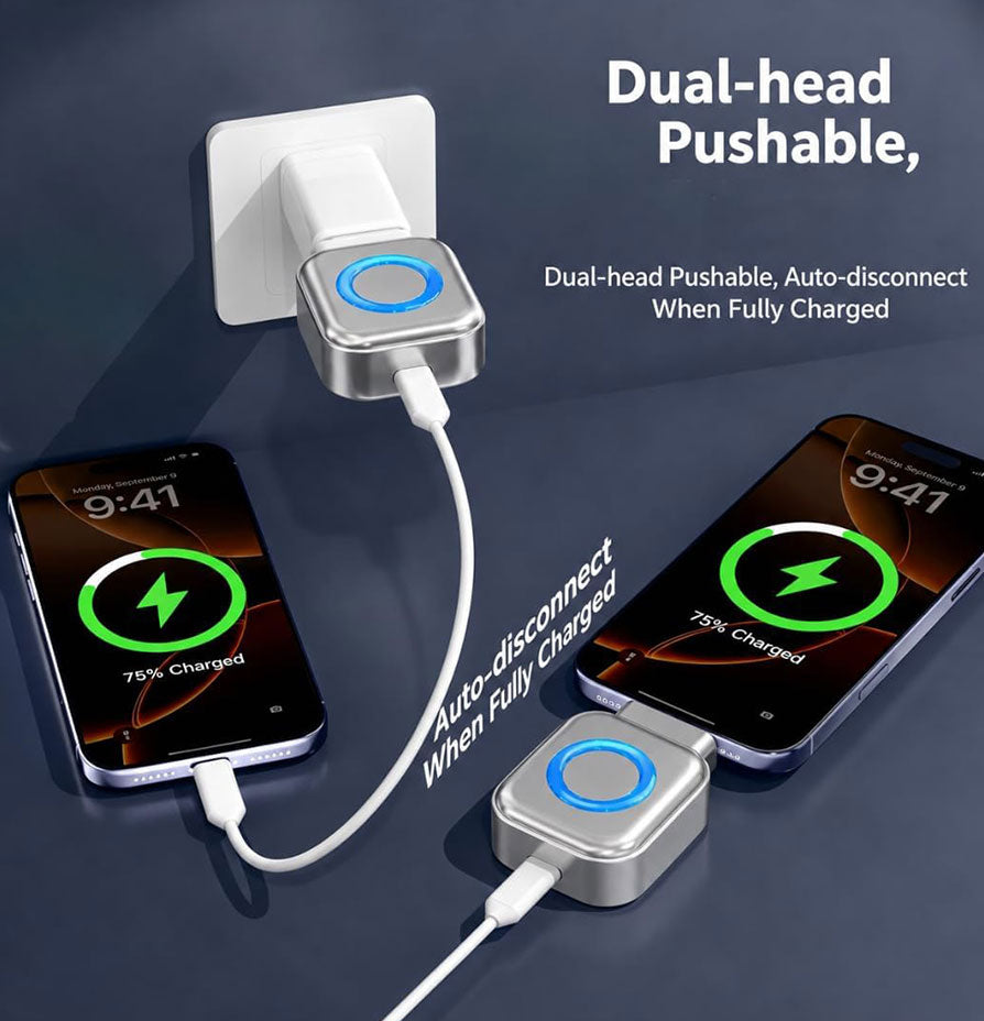 Smart auto stop charging adapter featuring a compact, energy-efficient design for everyday charging