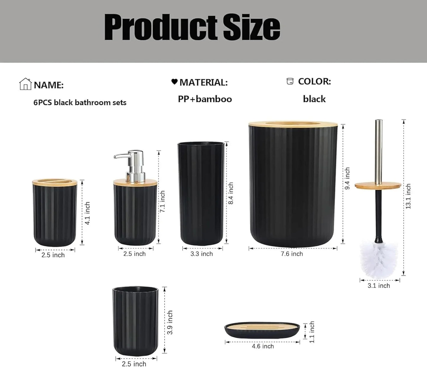 Vantoria 6-piece black bathroom accessories set featuring matching bathroom organizers for a stylish and coordinated look