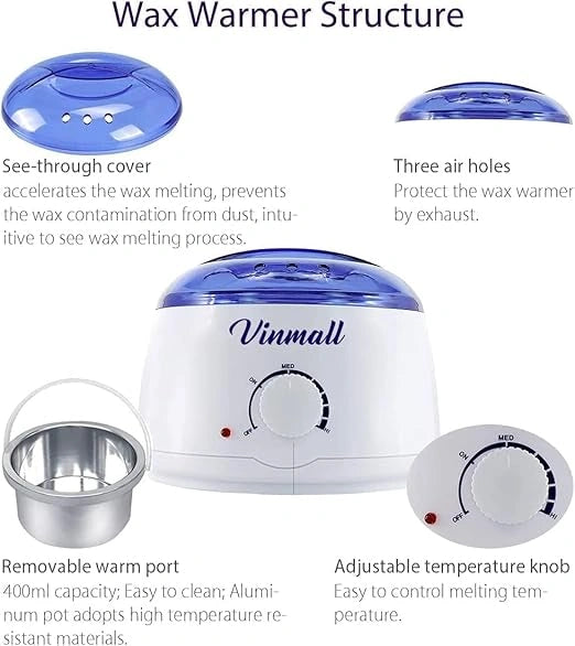 Close-up of the Vinmall wax warmer hair removal kit featuring a durable design and even wax heating for efficient hair removal