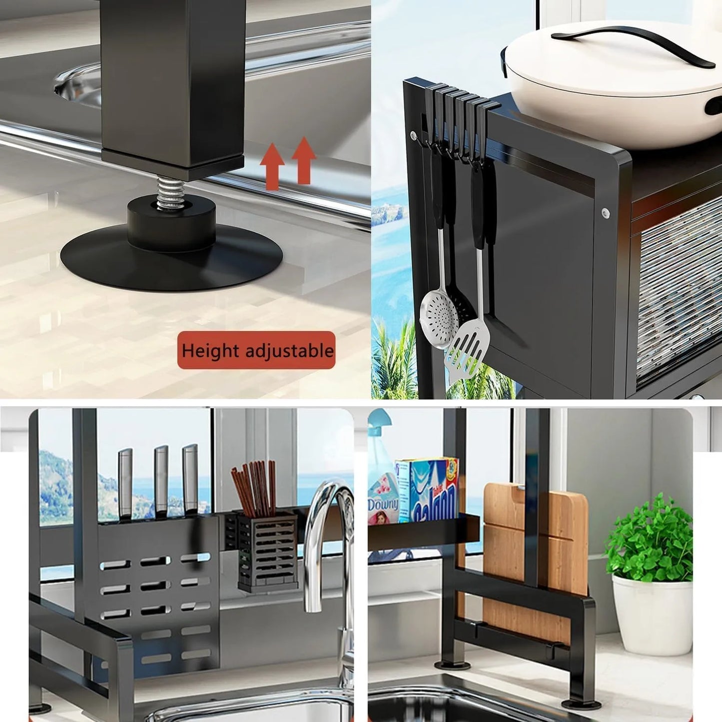Xaosu over-the-sink dish drying rack with dedicated storage for plates, bowls, cups, utensils, and cutting boards