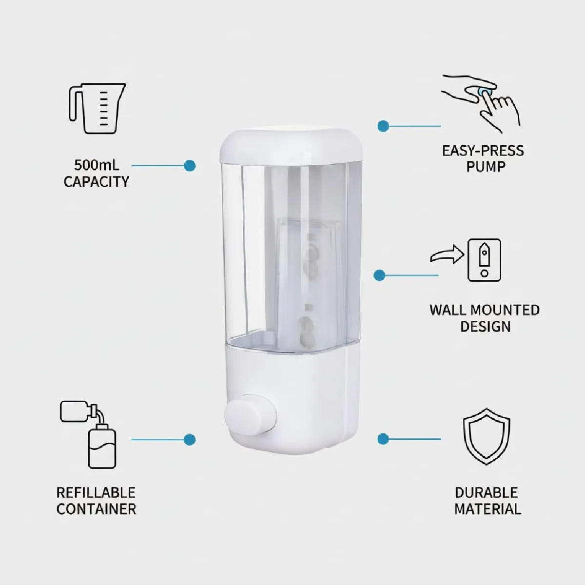 Zomo wall-mounted refillable soap dispenser with a modern design to keep countertops clean and organized