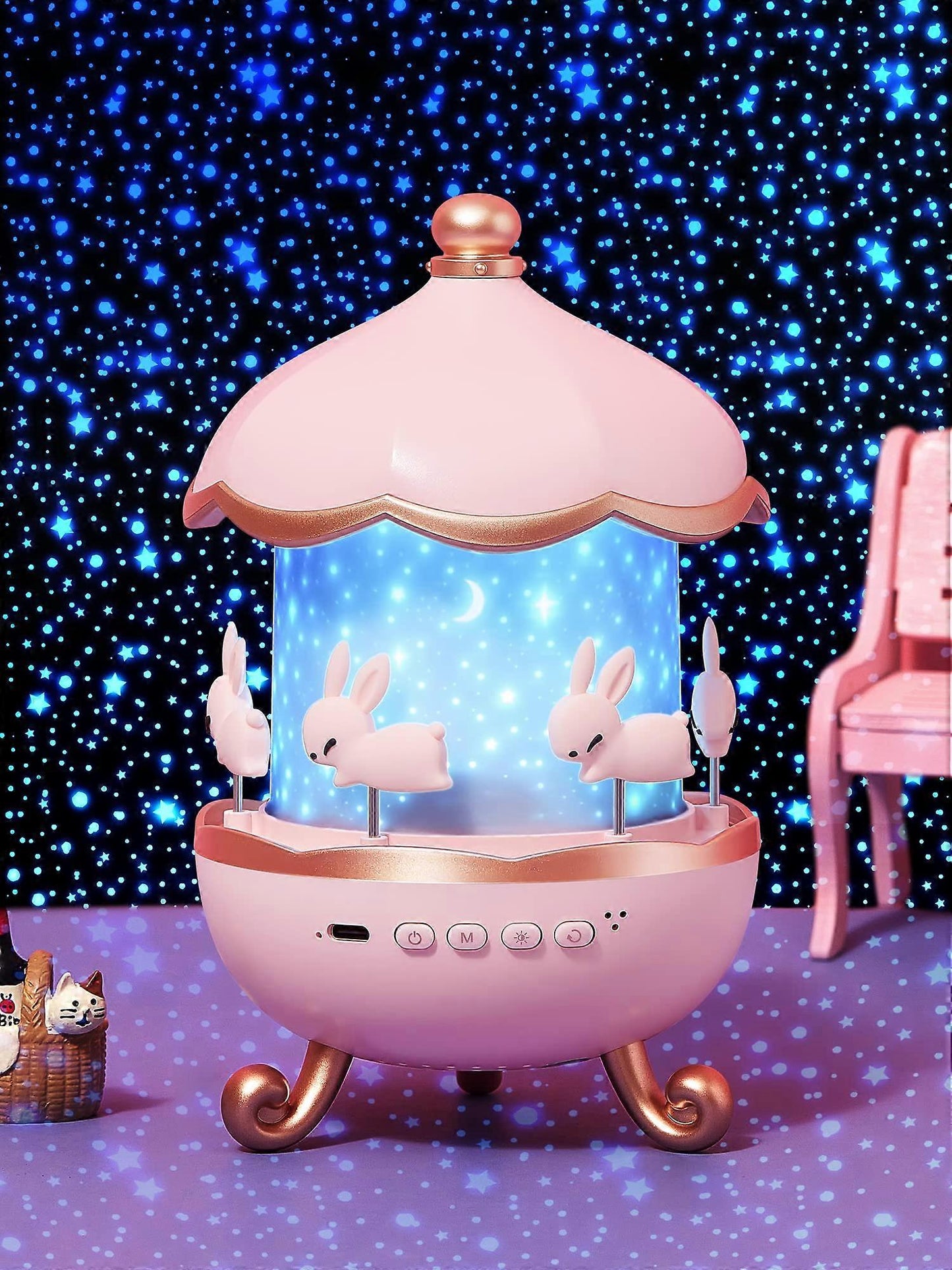 Bunny Night Light Projector - LED Lamp with 6 Rotating Films, Star Projection for Kids Room Decor