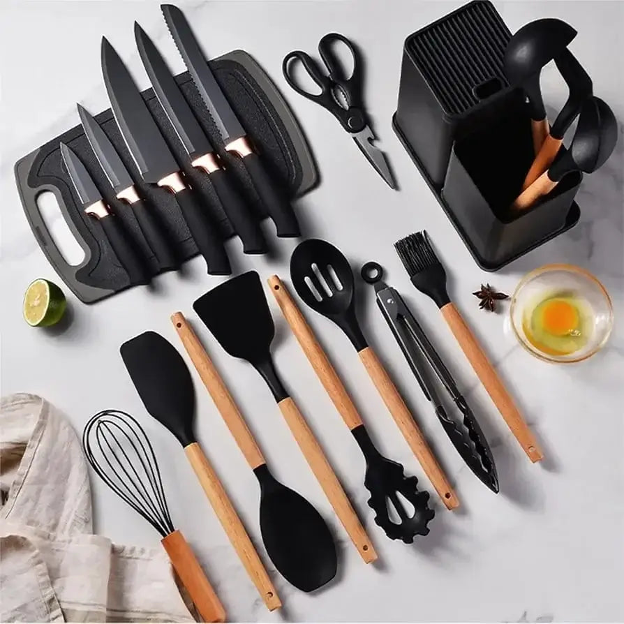 19-piece premium silicone kitchen utensil and knife set featuring spatulas, spoons, knives, and essential cooking accessories