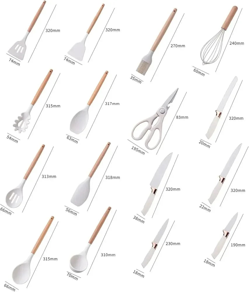 19-piece premium silicone kitchen utensil and knife set featuring non-stick friendly tools to protect cookware surfaces