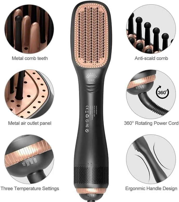 3-in-1 professional hair dryer brush ideal for straightening, curling, and adding volume while drying hair