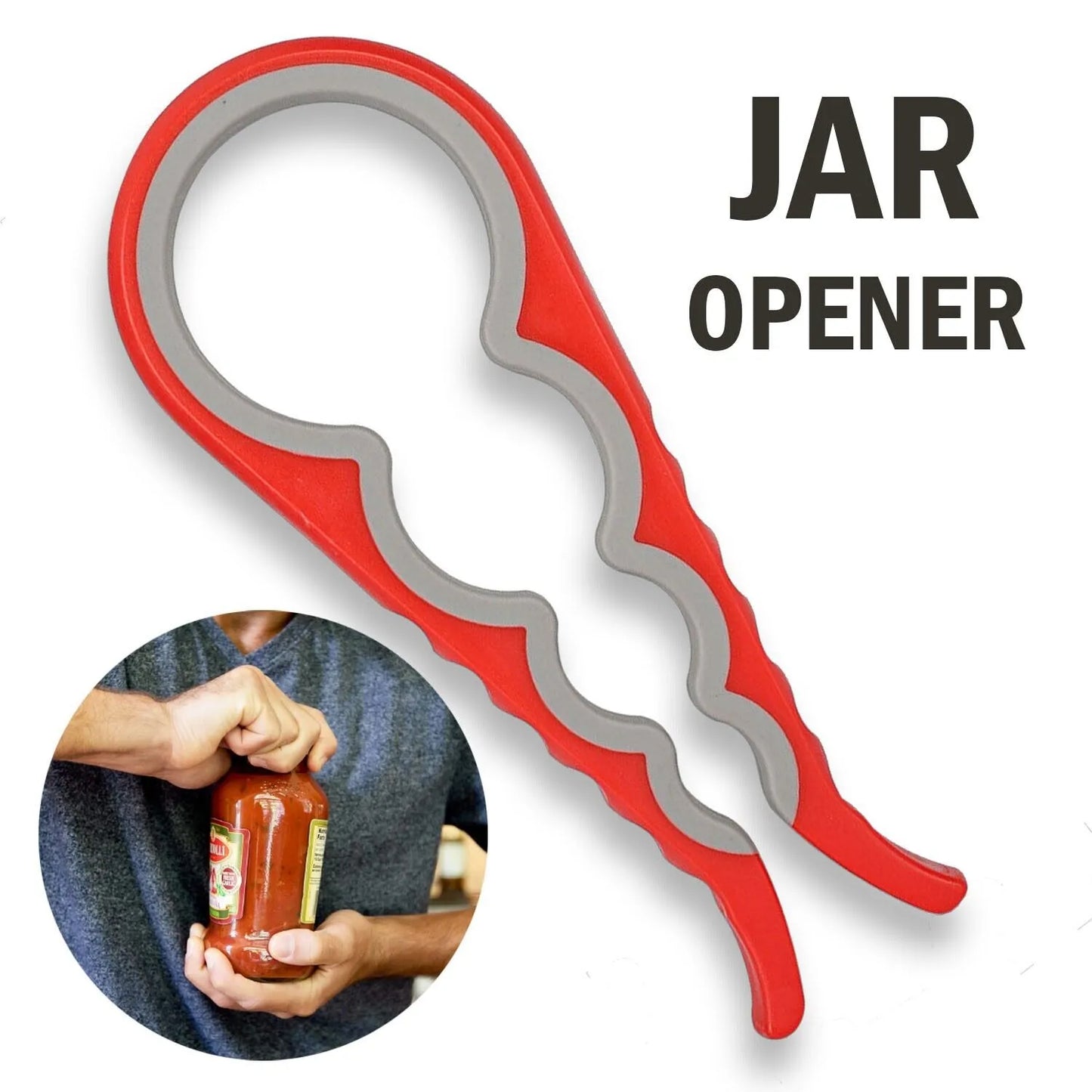 4-in-1 multi-function jar opener with an easy-grip design for opening jars, bottles, and lids with minimal effort