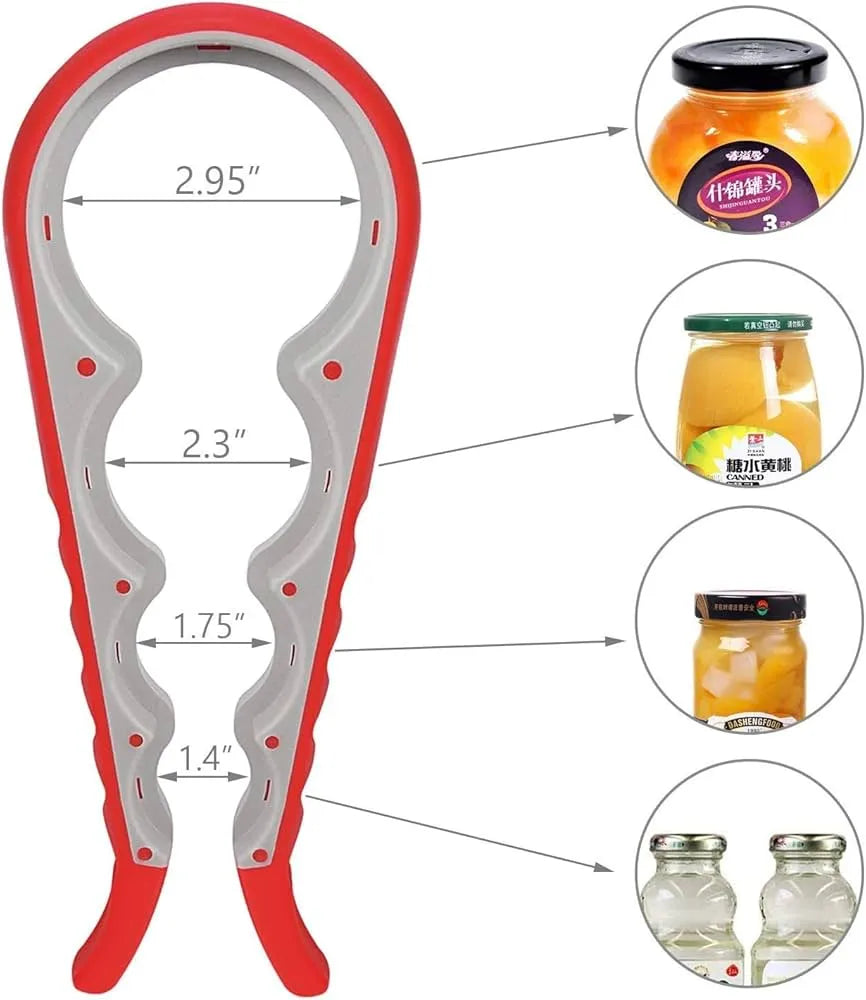4-in-1 multi-function jar opener designed to help open stubborn jar lids, bottle caps, and twist-off containers with ease