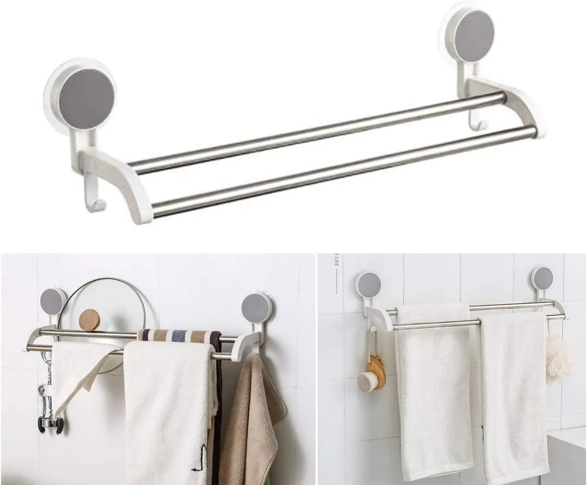 ZOMO No-Drill Double Towel Bar with Hooks - 19 Inch