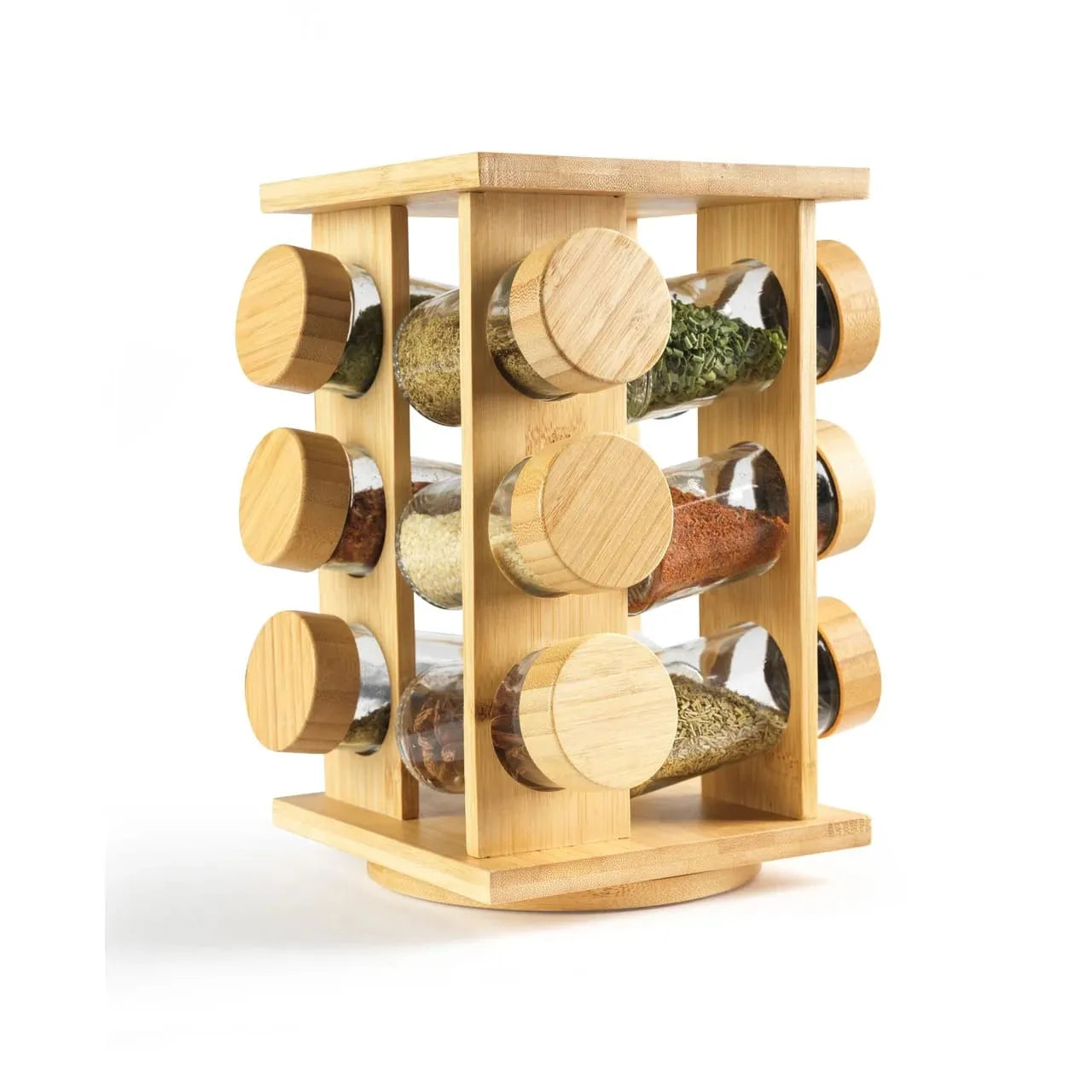 ZOMO Bamboo Rotating Spice Rack Organizer - 12 Glass Jars