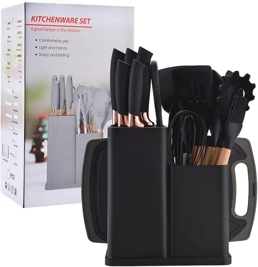 19 Piece Premium Silicone Kitchen Utensil & Knife Set - Black/Wood