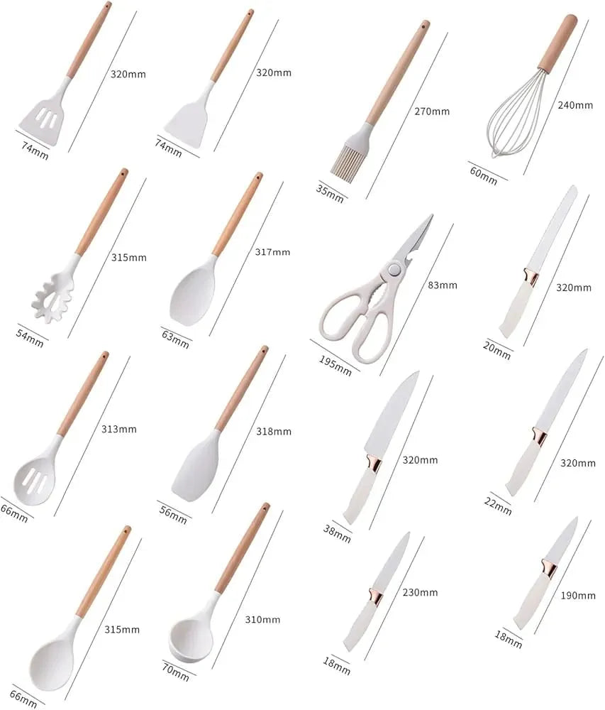 19 Piece Premium Silicone Kitchen Utensil & Knife Set - Black/Wood