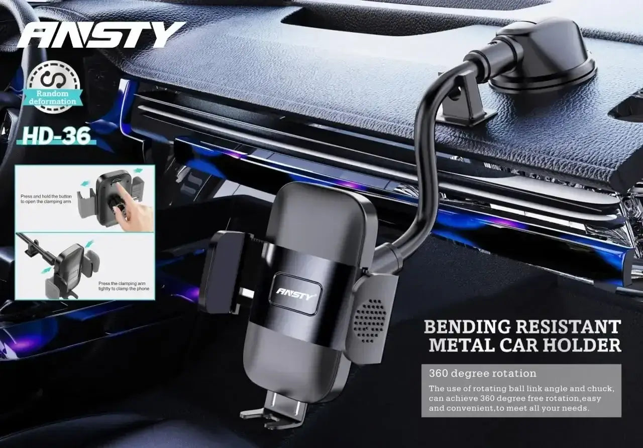 Ansty HD-36 universal car phone holder featuring a flexible long arm for customized viewing angles and easy access