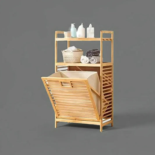 Bamboo laundry hamper with 2-tier storage featuring a durable clothes basket and storage shelves for organized laundry