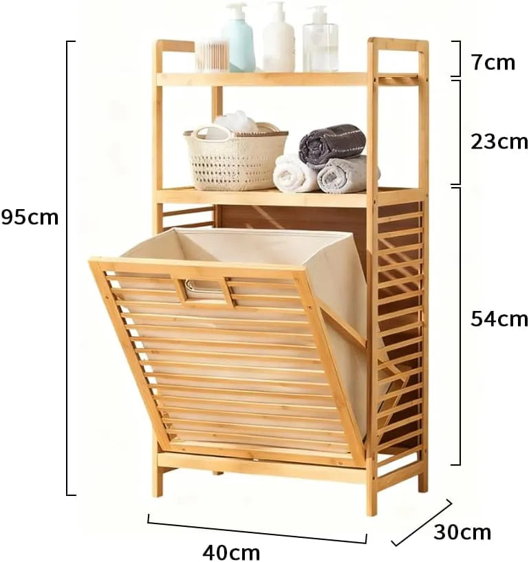 Bamboo laundry hamper with 2-tier storage for neatly organizing clothes, towels, detergents, and household essentials
