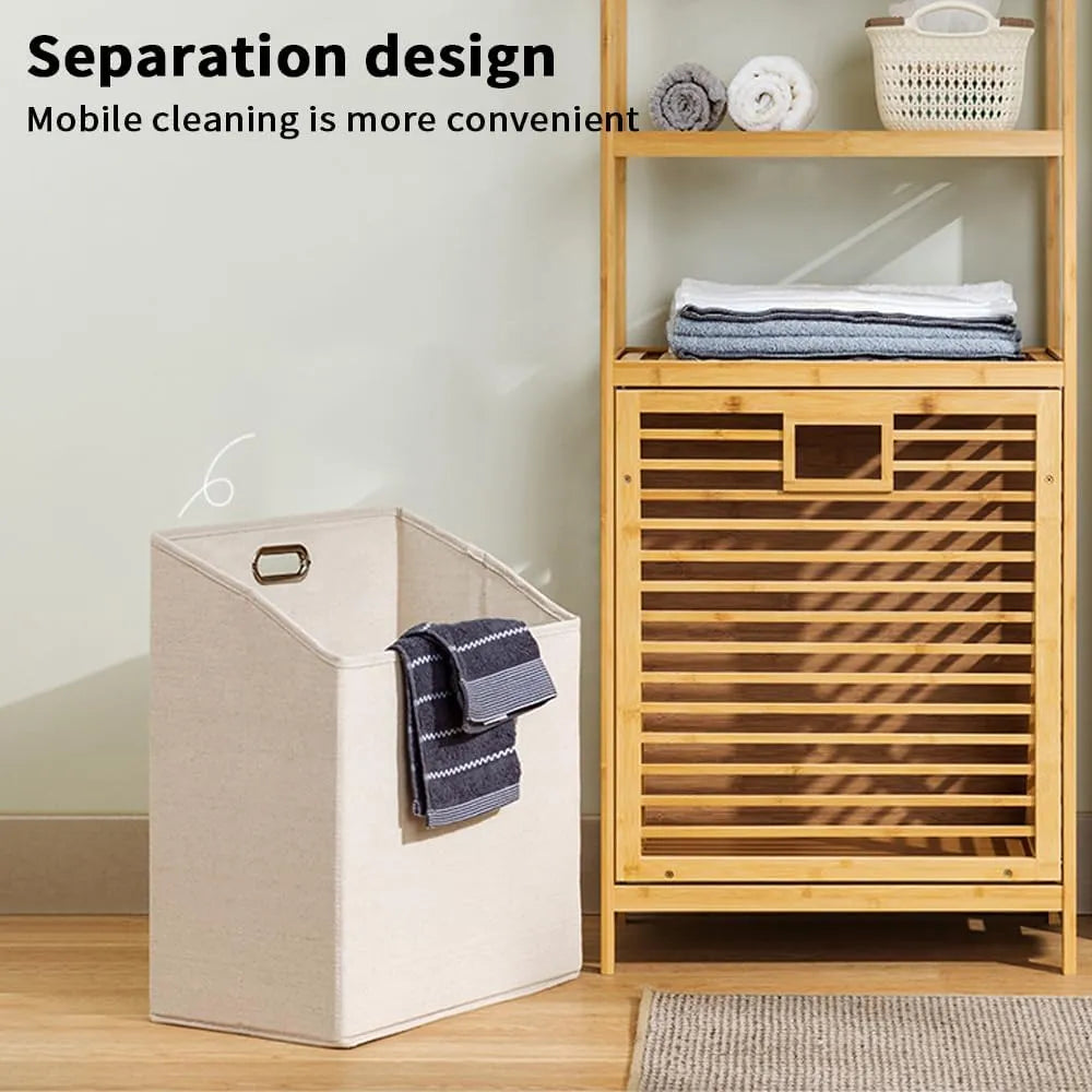 Bamboo laundry hamper with 2-tier storage providing sturdy shelves for storing towels, toiletries, baskets, and laundry supplies