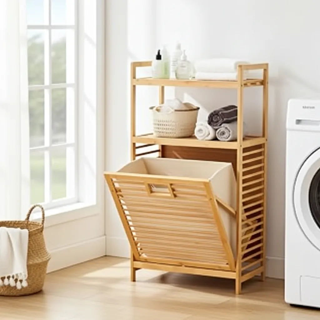 Space-saving bamboo laundry hamper with 2-tier storage ideal for apartments, bathrooms, laundry rooms, and small living spaces