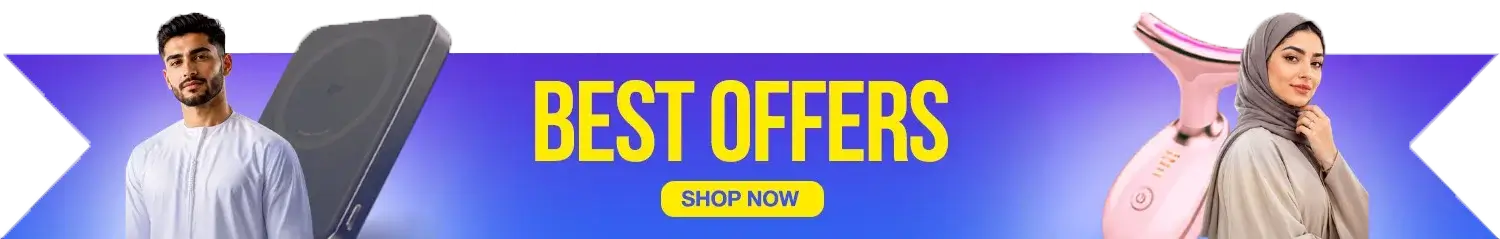 Banner featuring a man on the left and a woman using a beauty device on the right, with the text 'BEST OFFERS' in the center and a 'SHOP NOW' button.