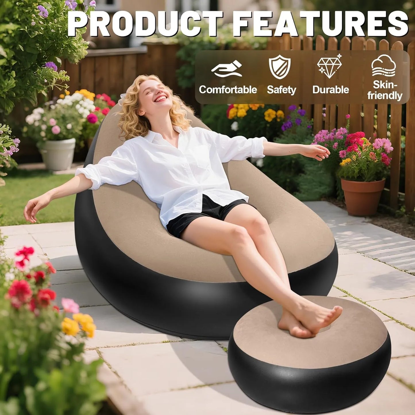 Chsuiwe portable inflatable sofa ottoman set providing comfortable seating and foot support for relaxing at home or outdoors