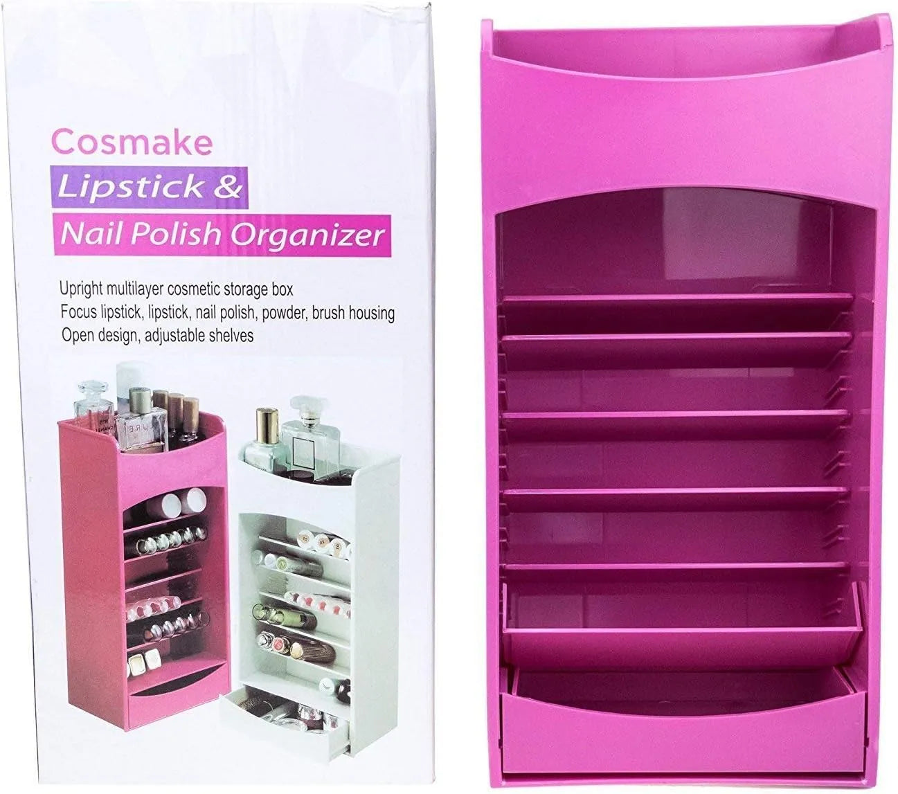 Cosmake 6-layer upright cosmetic organizer designed to neatly organize nail polish bottles and cosmetic accessories