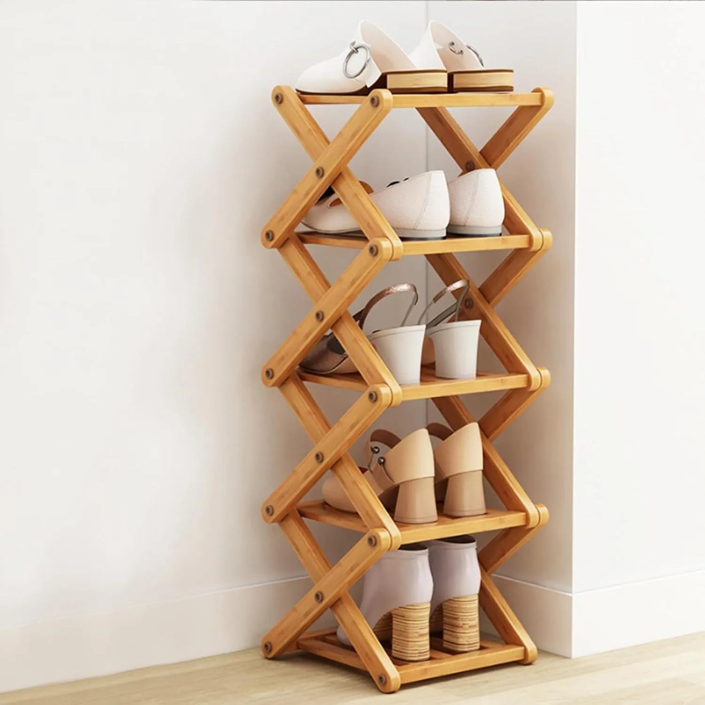 DaJave 5-tier foldable bamboo shoe rack for neatly organizing shoes with a durable natural bamboo frame