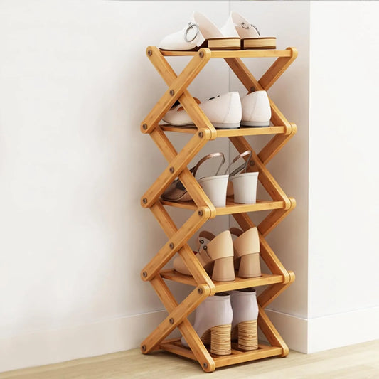 DaJave 5-tier foldable bamboo shoe rack for neatly organizing shoes with a durable natural bamboo frame