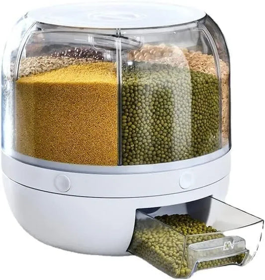 Dravizon 6-grid rotating cereal and grain dispenser with space-saving storage for organized kitchen food supplies