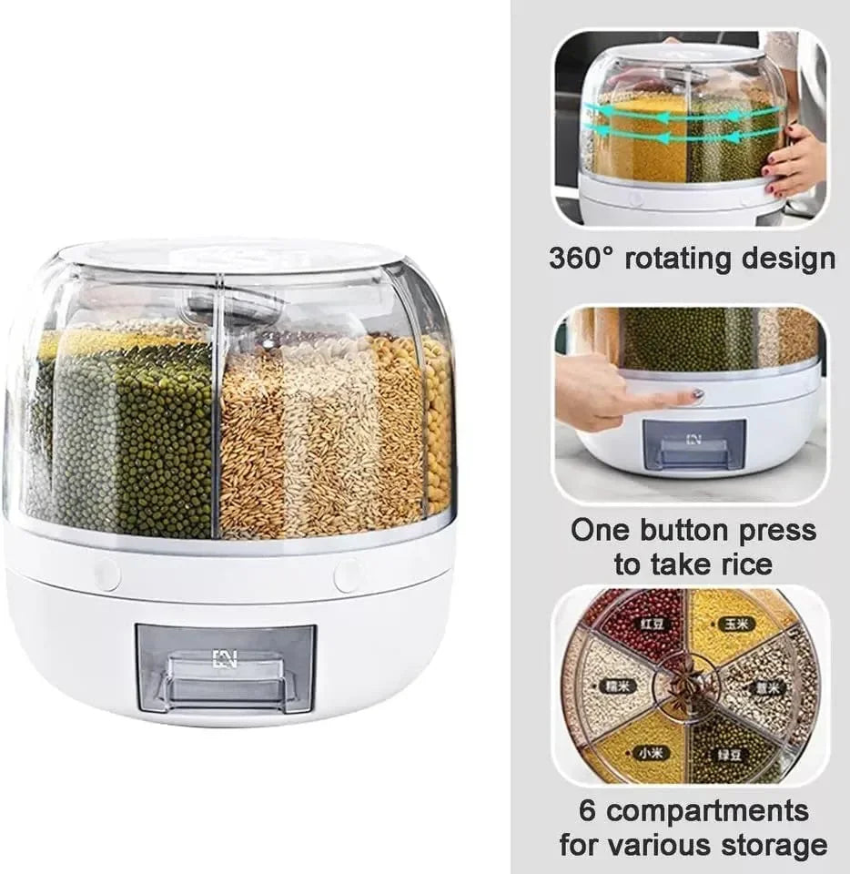 Dravizon 6-grid rotating cereal and grain dispenser featuring a compact design to maximize kitchen storage space