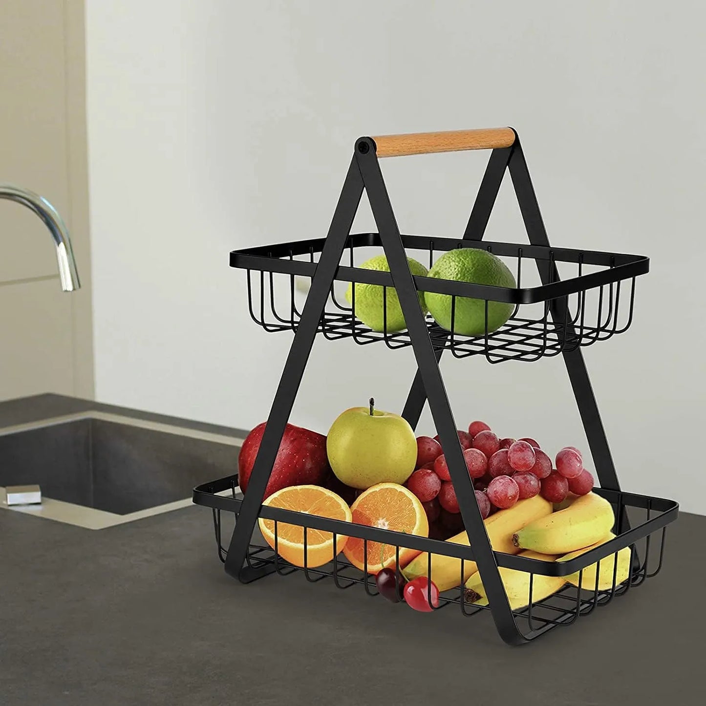 ECVV 2-tier metal fruit basket with a durable metal frame and modern open-wire design for improved airflow