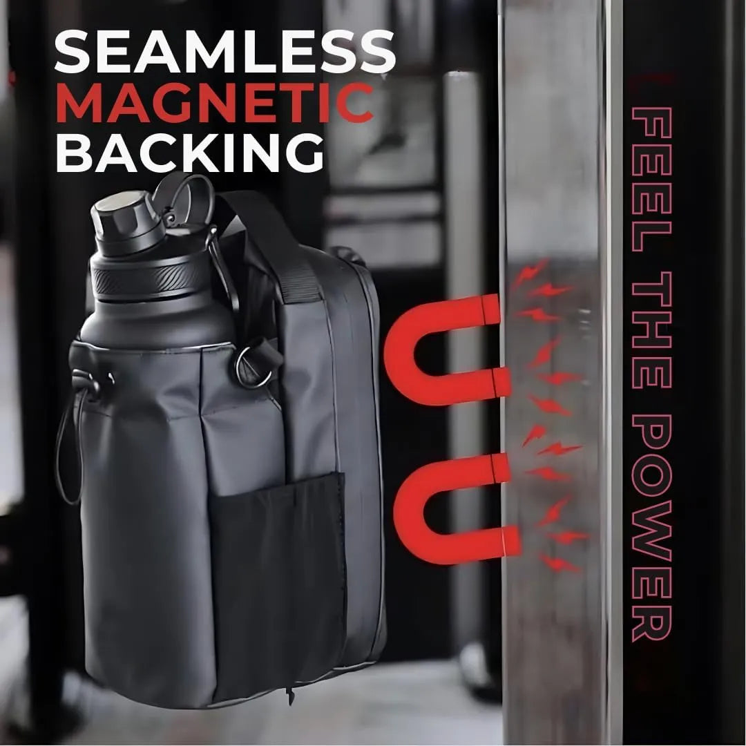KMKM magnetic gym bottle bag featuring multiple storage pockets for organizing your phone, wallet, keys, and other daily essentials