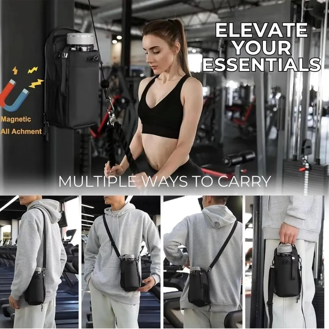 KMKM magnetic gym bottle bag offering waterproof protection and hands-free carrying for water bottles, phones, keys, and personal items