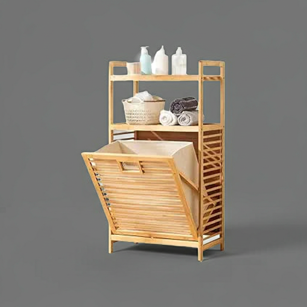 Bamboo Laundry Hamper with 2-Tier Storage Shelves