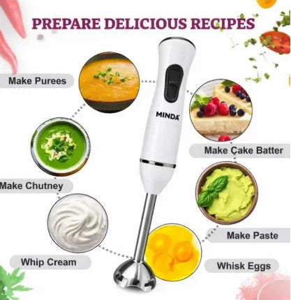 Minda 600W professional hand blender ideal for blending soups, smoothies, sauces, baby food, and shakes