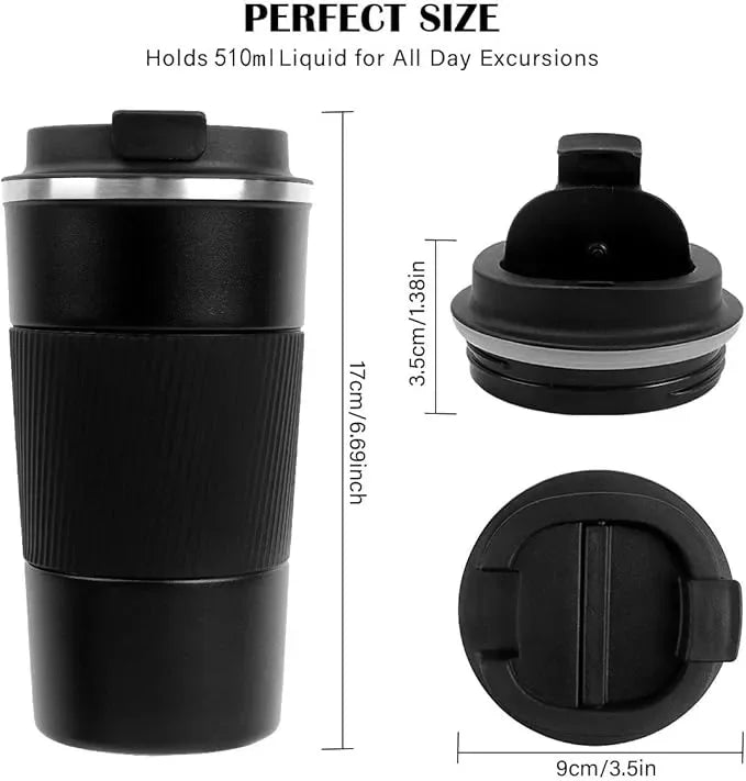 Necomi 510ml insulated travel coffee mug featuring a leakproof lid for secure, spill-resistant carrying
