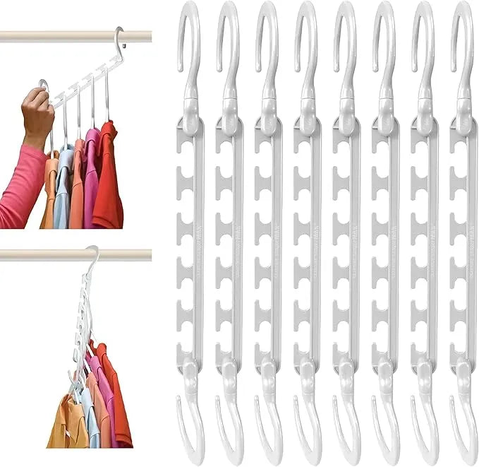 Pang Qi 8-pack magic space-saving hangers providing a practical and space-efficient storage solution for closets and wardrobes