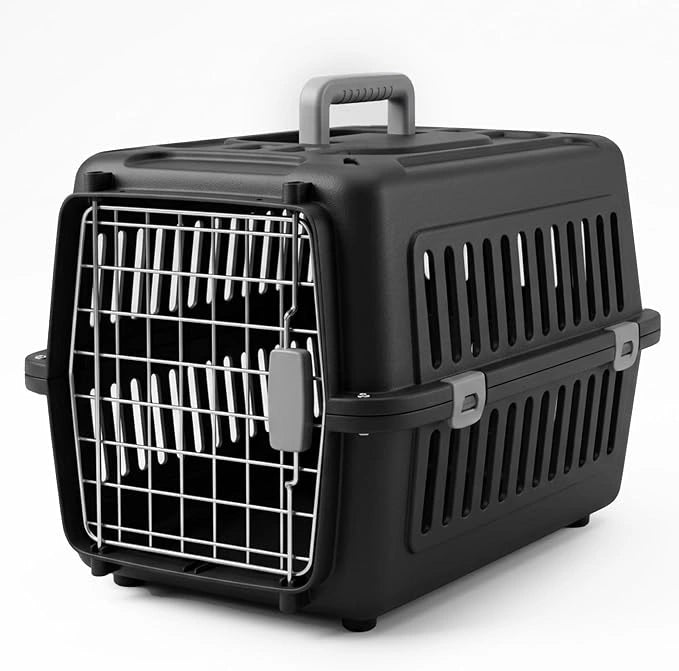 Portable pet transport travel carrier cage with ventilation openings for comfortable travel with cats and small dogs
